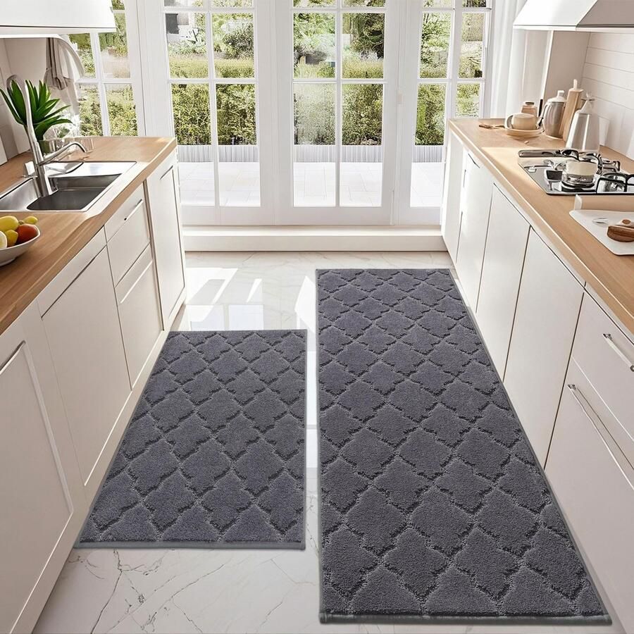 COSY HOMEER Keukenmat 2-delig wasbaar antislip keukenmat keukenloper halmat tapijtloper voor keuken hal woonkamer (60 x 90 cm + 60 x 150 cm donkergrijs)