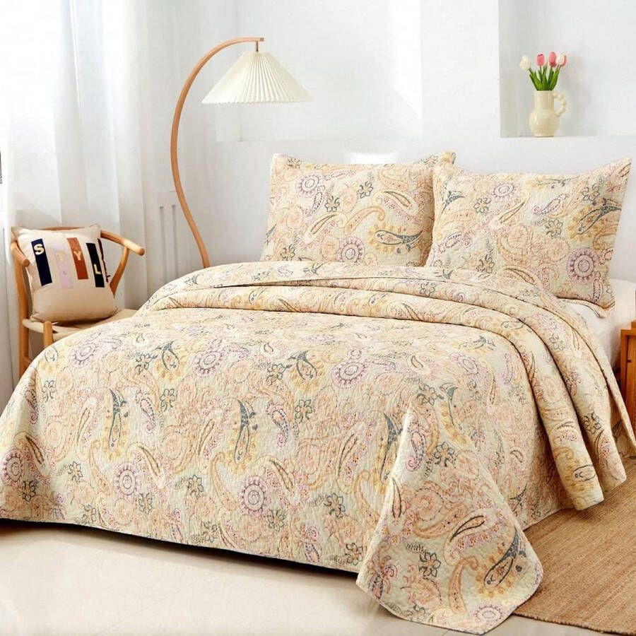 Cotton Bedspread 220 x 240 cm Bed Throw 230 x 250 cm for Double Bed with Yellow Paisley Floral Pattern All-Year Duvet Sofa Throw Quilted Blanket Quilt with 2 Pillowcases