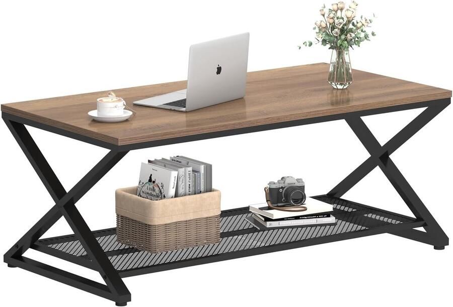 Couchtisch van Hout en Metaal – Rechthoekige Salontafel met Opbergruimte 100x60x45 cm