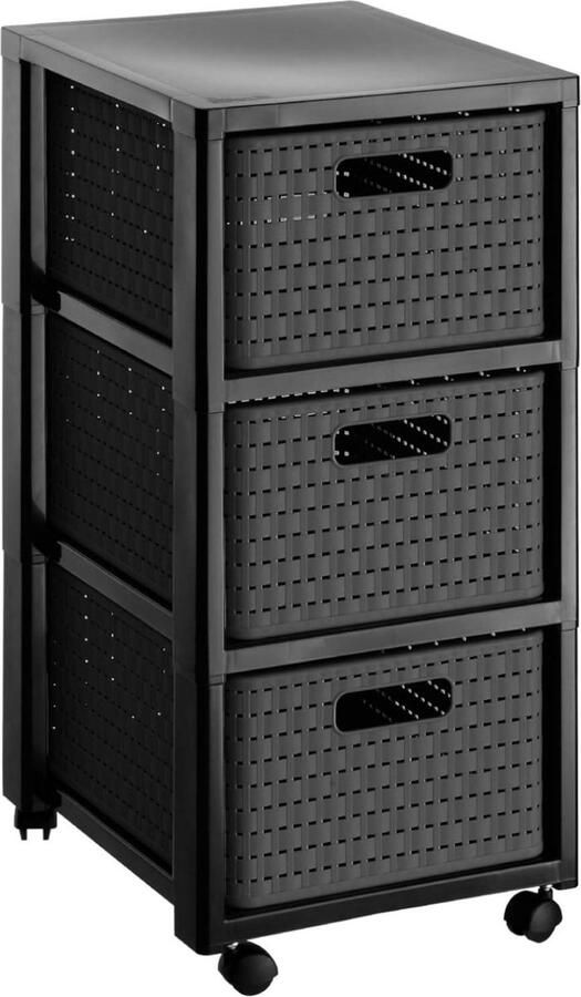 Country Roll Container with 3 Drawers Rattan Look Plastic Anthracite BPA-Free A4 18L 37.5 x 32.5 x 71 cm