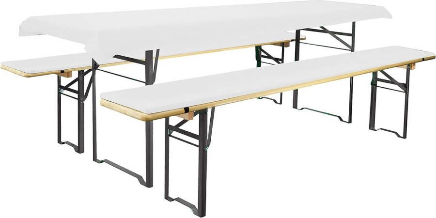 Cover-set voor bier-tafel-en-bankstellen geschikt voor de gangbare biertafels en banken met 2 gevoerde bankkussens van elk ca. 220 x 25 x 1 6 en 1 tafelkleed van 240 x 70 90 met motieven wit