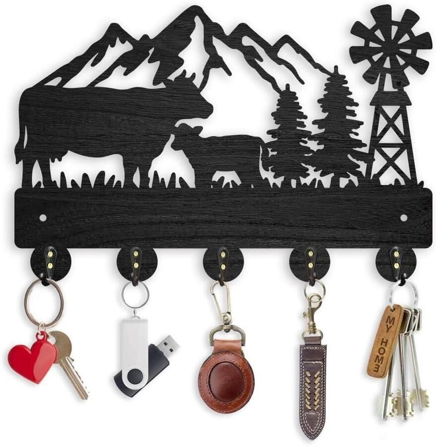 Key Holder for Wall 30×20cm Farm Windmill Wooden Coat Rack Hooks Wall Mounted Black Mountain Tree Wall Art Decor with 5 Alloy Hooks for Entryway Living Room