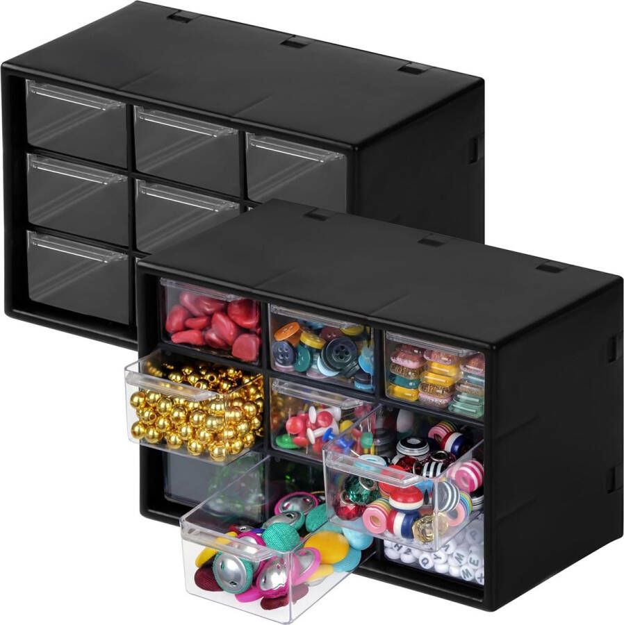 Craft Box Storage met 9 laden [Pack van 2] Transparante en zwarte ladekast Bureau Verwijderbare mini-laden voor accessoires kantoor naai- en knutselbenodigdheden
