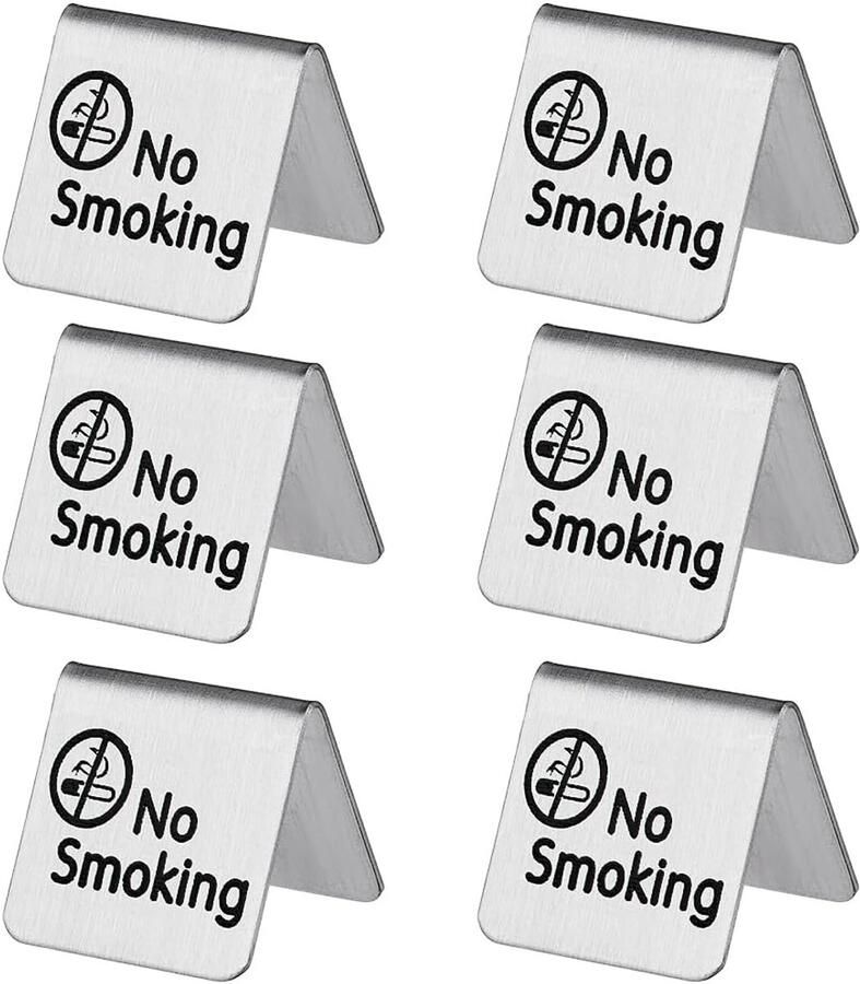 CRASPIRE 6 Pcs Non Smoking Table Board Stainless Steel Metal Warning Non-Smoking Desk Logo Display Signs Double Sided Table Board for Hotel Hospitals Restaurant Office Clubs Room Company