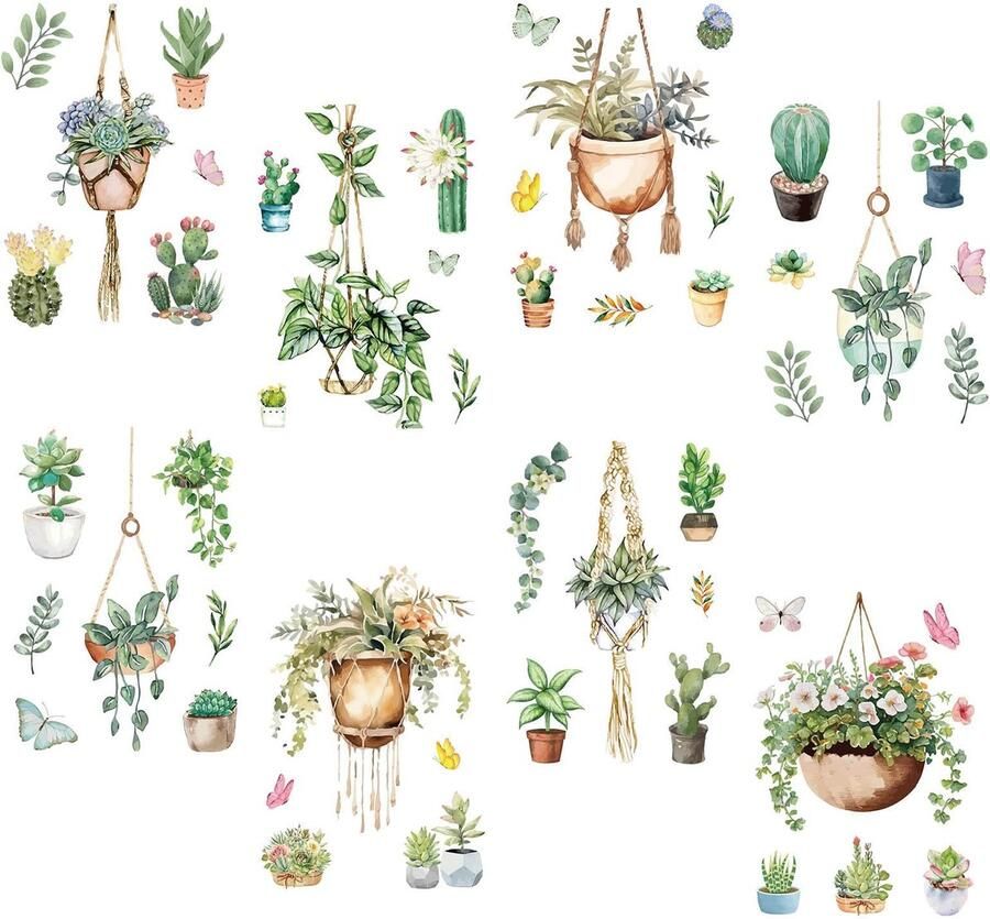 Craspire 8 vellen bladstickers groene plant vlinder raamstickers zelfklevende muurstickers voor slaapkamer woonkamer raam vitrine huisdecoratie