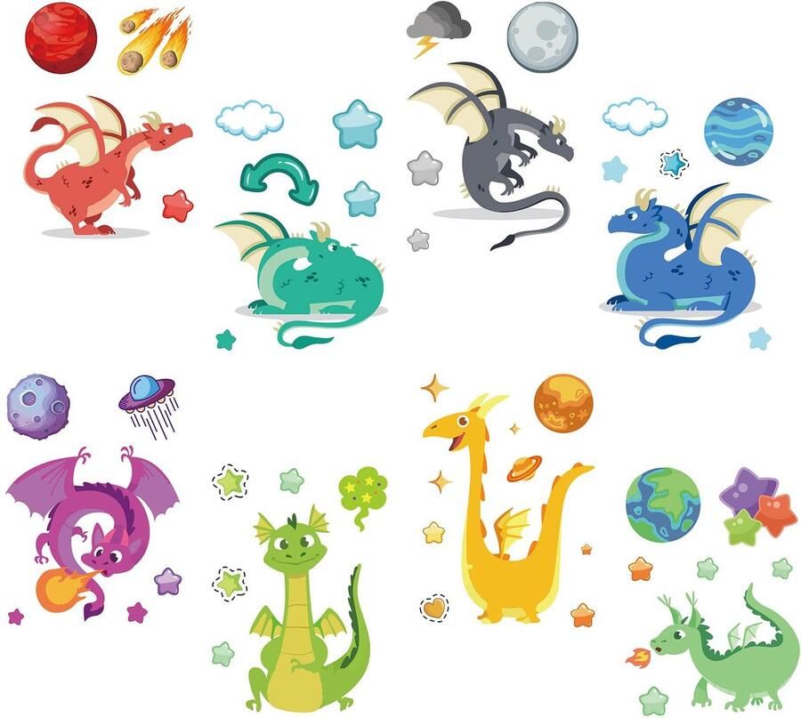 Craspire 8 vellen dinosaurus raamstickers draak cartoondier PVC zelfklevende raamstickers muurdecoratie stickers voor slaapkamer woonkamer raam vitrine huis school