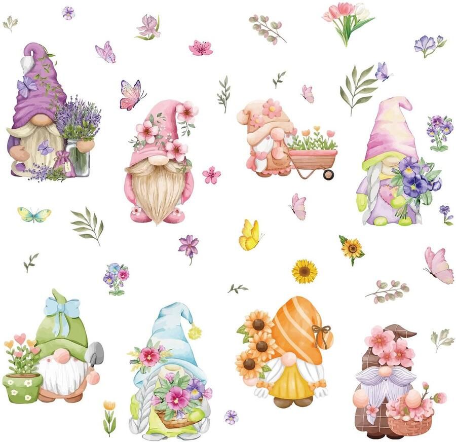 Craspire 8 vellen dwerg raamstickers bloemen raamstickers zelfklevend waterbestendig muurstickers voor slaapkamer woonkamer raam trap vitrine en huisdecoratie