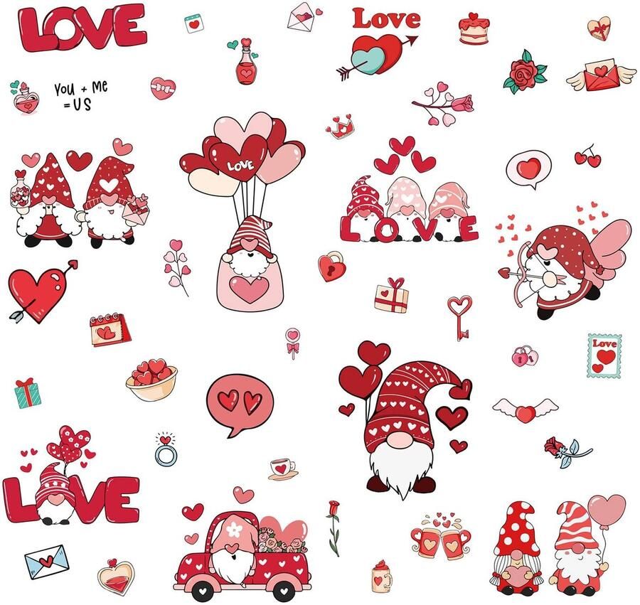 CRASPIRE 8 vellen Valentijnsdag raamstickers liefdeshart kabouter roze ballonstickers raamstickers muurdecoratie stickers voor koelkast slaapkamer woonkamer keuken winkel vitrine