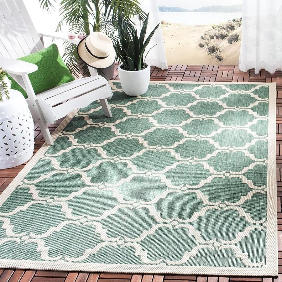 Cream and Green Indoor-Outdoor Area Rug Modern Style 2'7 x 5' Dark Green-Beige
