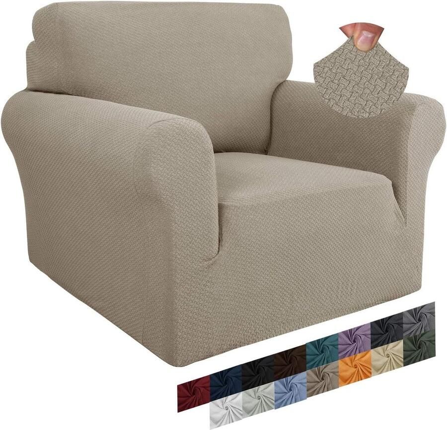 Jacquard stoelhoes voor woonkamer super stretch en antislip met armen huisdiervriendelijk 1-delige fauteuilhoes kaki 1-zits
