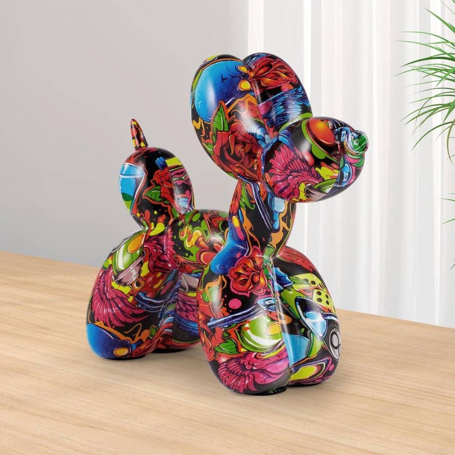 Creatieve kleurrijke hars ballon hond sculptuur modern ballon hondenbeeld verzameldierenfiguren graffiti voor decoratie thuis kantoor tafel woonkamer 21 x 17 cm (roze kleur)