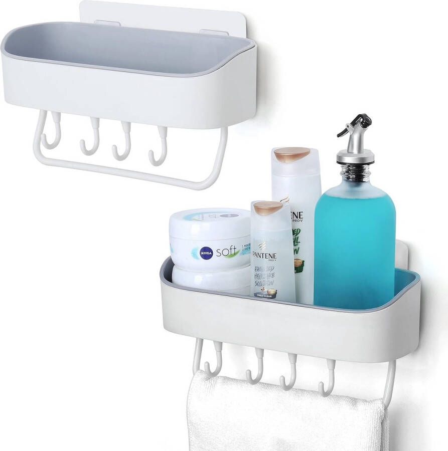 Crèmekleurige doucheplank zonder boren met 4 haken 2 stuks afneembare zelfklevende doucheplank en badkamerrek van plastic met afvoergaten voor shampoo keuken en badkamer