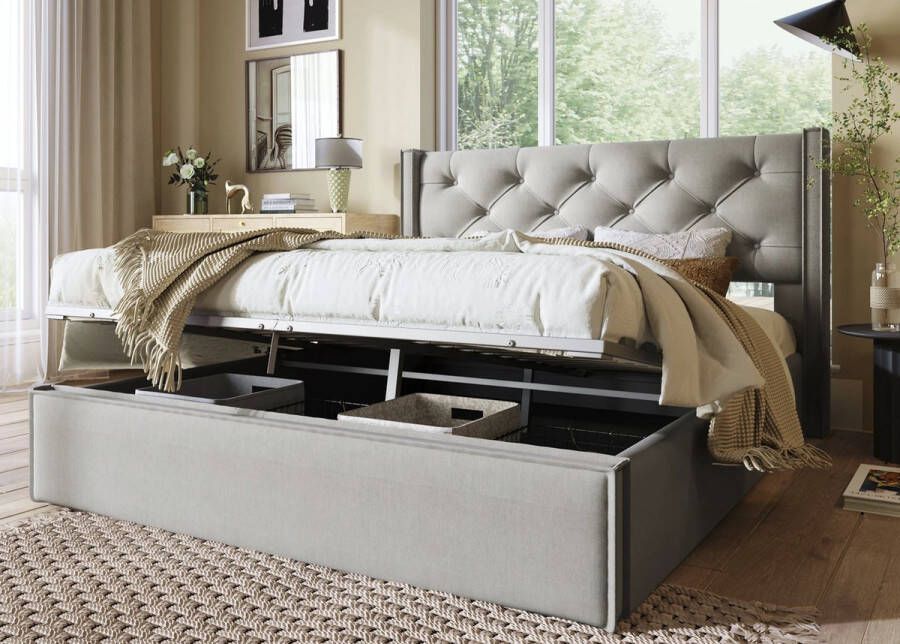 Crossover Retail Eenpersoonsbed 90x200 Bed Met Opbergruimte Gestoffeerd Bedframe Incl. Latenbodem Lichtgrijs