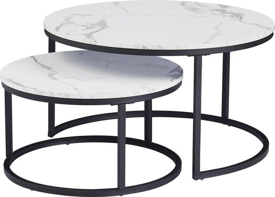 Crossover Retail Marmer Salontafel Set Rond 2st Zwart Metalen Frame met Marmeren Look Ø60 Ø40 cm