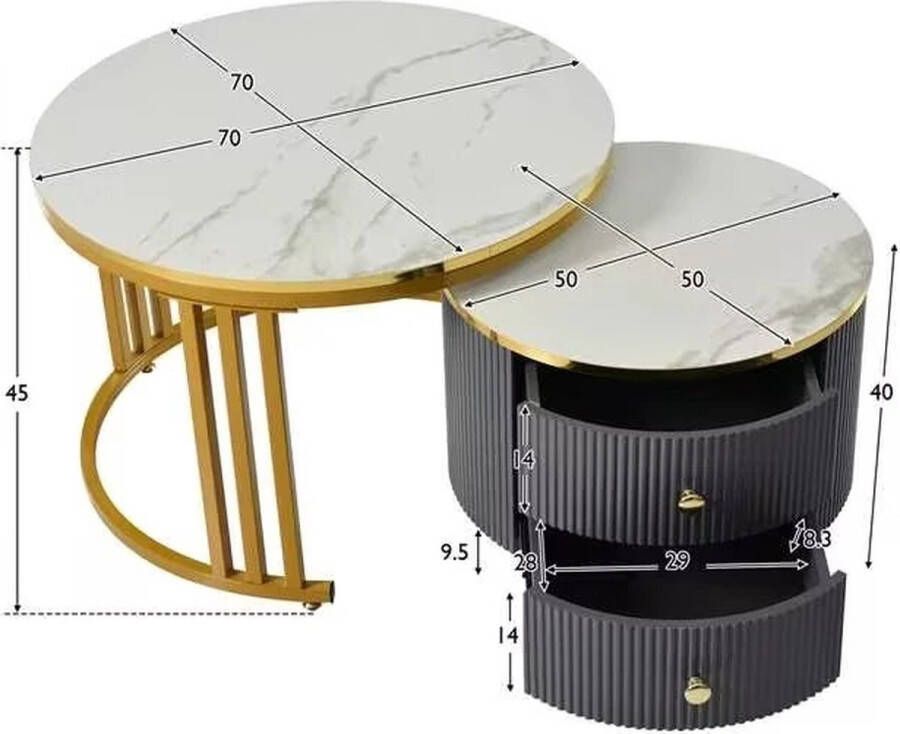 Crossover Retail Ronde Salontafel Set Rond Goud en Marmeren Look Met Lade 70x70x45 & 50x50x40cm