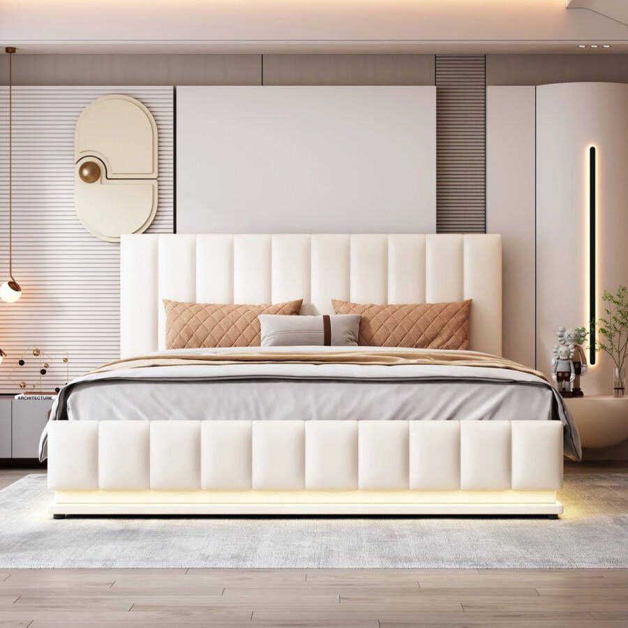 Crossover Retail Tweepersoonsbed 160x200 Bed Met Opbergruimte Gestoffeerd Bedframe Incl. Latenbodem Incl. LED Verlichting Beige