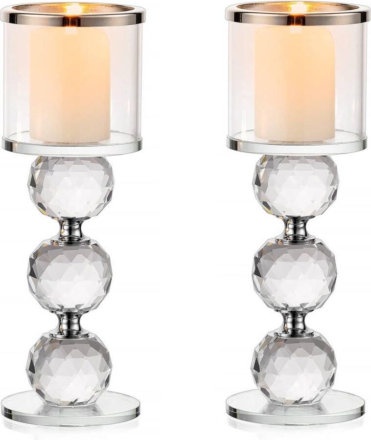 Crystal Candle Holder Set of 2 Candle Holders Pillar Candles Glass Modern Candle Holder Tea Light Holder for Wedding Dining Table Bathroom Table Decoration Birthday Party Decoration Silver