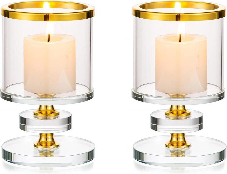 Crystal Pillar Candle Holders Set van 2 Clear Glass Candlestick Holder voor Candlelight Dinner Goud Centerpiece voor Tafel