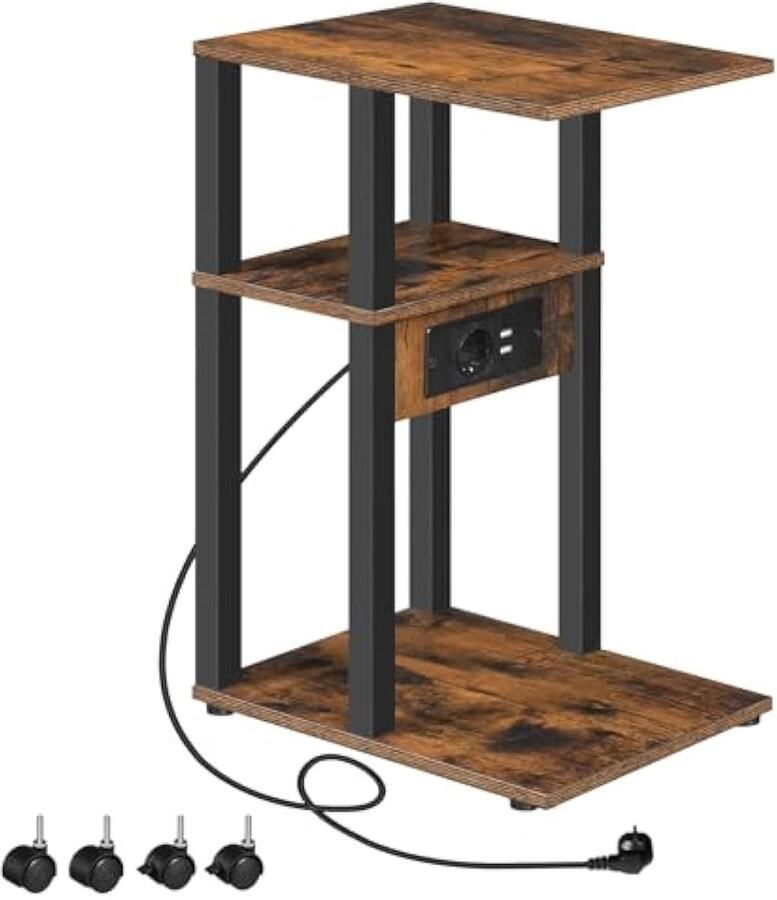 CShape Bijzettafels Salontafels met Oplaadstation Salontafels voor Woonkamer Slaapkamer Vintage Bruin en Zwart EBF 66 CSF 01