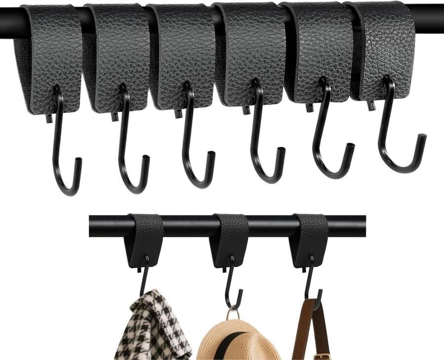 CTYUEYUN 6-pack S-haken met leren lus zwarte jashaken voor stang 12 5 x 3 cm campinghaken eenvoudig te gebruiken jashaken garderobe S-haken voor kledingstang keuken badkamer