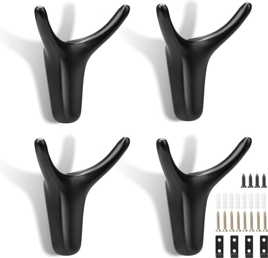 Dubbele Wandhaken 4 Stuks Kledinghaken voor Wandmontage Multifunctionele Zwarte Haken Ideaal voor Badkamer Keuken en Slaapkamer