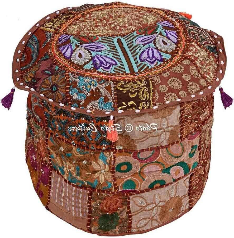 Cultuur katoen patchwork geborduurde osmanische kruk poef afdekking bruin bloemen ottoman kruk