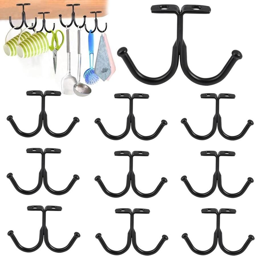 Cup Houder Haken Onder Kast Set van 10 st. Dubbele Haakjes voor Koffiekopjes Zwart Voor Kantoor Café Kast Badkamer 85mm Handig en Stijlvol