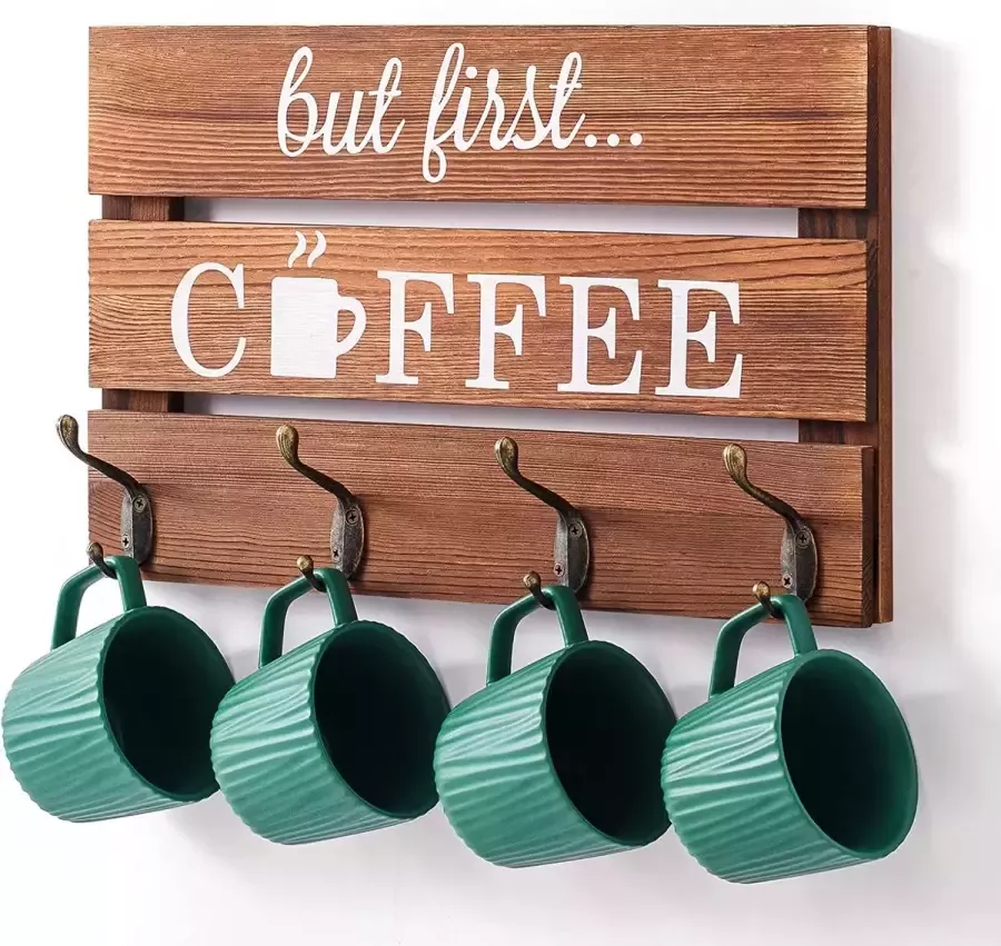 Cuphouder met 4 haken vintage But First Coffee keukenrek hangend kopjesrek keukenwandorganizer koffiekophouder wandrek bekerstandaard voor keuken koffiebar kantoor opslag - Foto 2