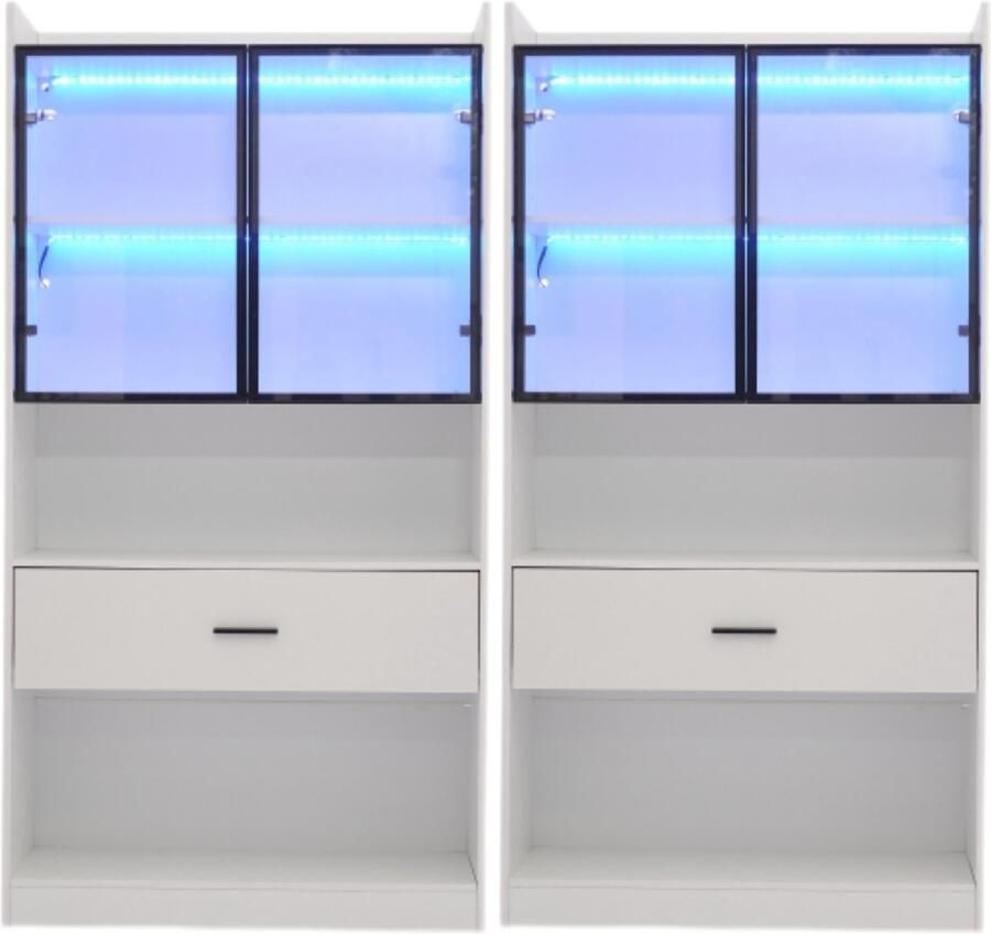 GOTAGEE Curio Vitrinekast met Licht Opbergplanken met Opklapbare Glazen Deurtjes 1 Grote Lade & 16 Kleuren Licht Collectibles Kast Display Plank Boekenplank Vitrine voor Woonkamer Wit Zwart Venster