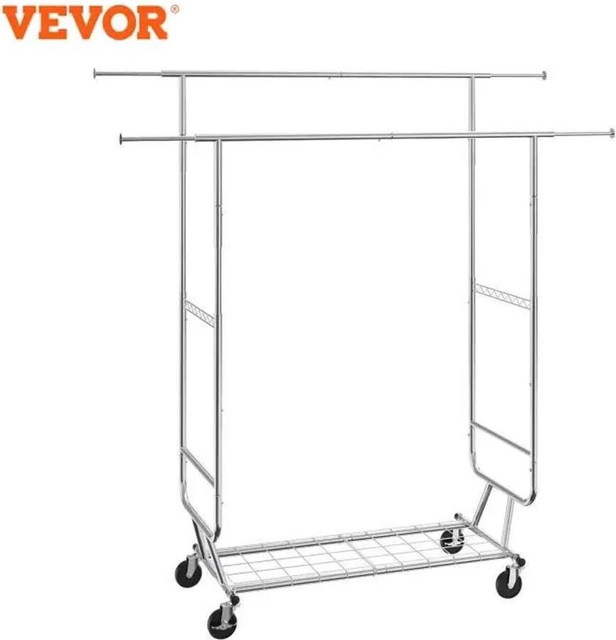Currentgoodz Kledingrek Op Wieltjes Kledingstang Verstelbare Lengte Opbergruimte Dubbele Stang Zilver