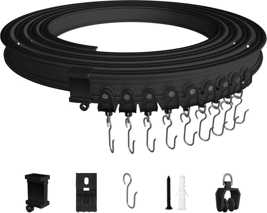 Curved Curtain Rail 5 m Flexibele ABS Gordijnrail Plafond Gordijnrails Accessoires voor Gordijn Suspensie Kamerscherm Balkons Kantoorgebouwen Hotels Zwart