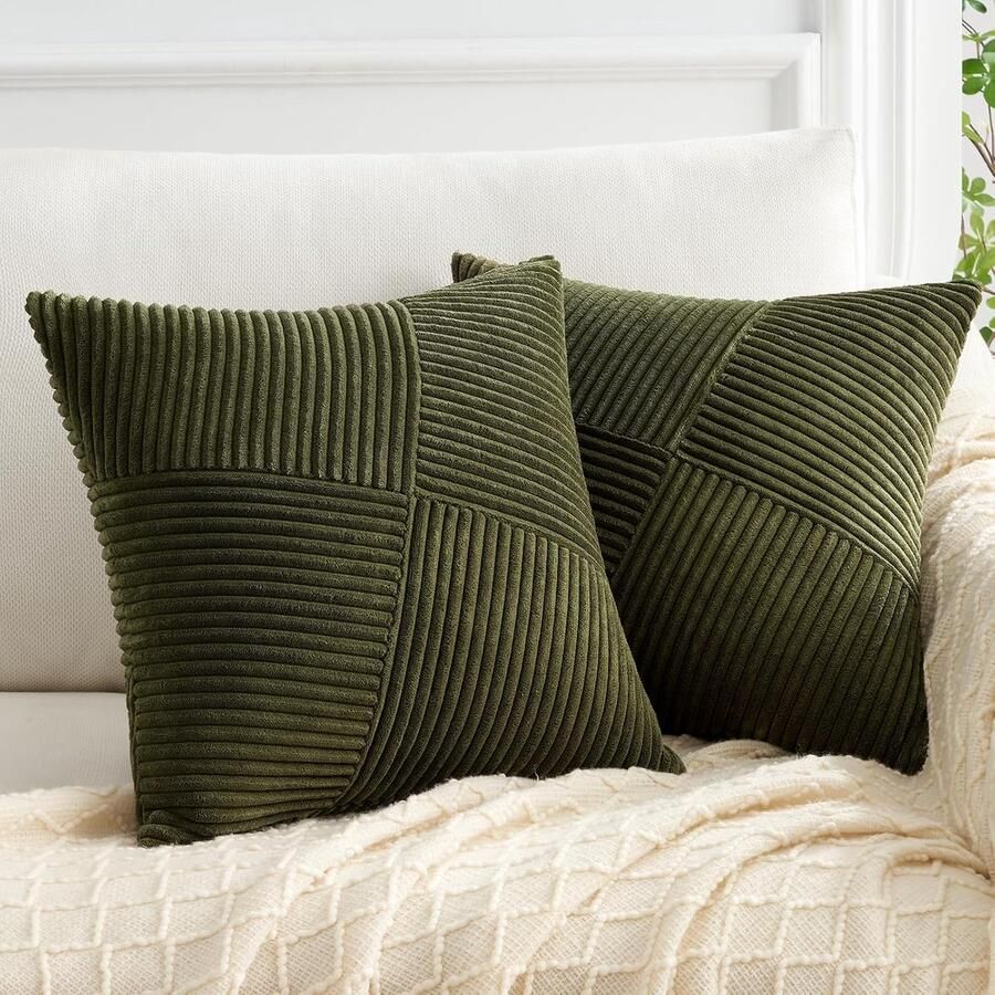 Cushion Cover 50x50 Olive Green Cord Satin 2er Set Windmill Stripes Pattern Decoratieve Kussenhoezen Sofa Kussen Patchwork Design Decoratie Woonkamer Bed Slaapkamer