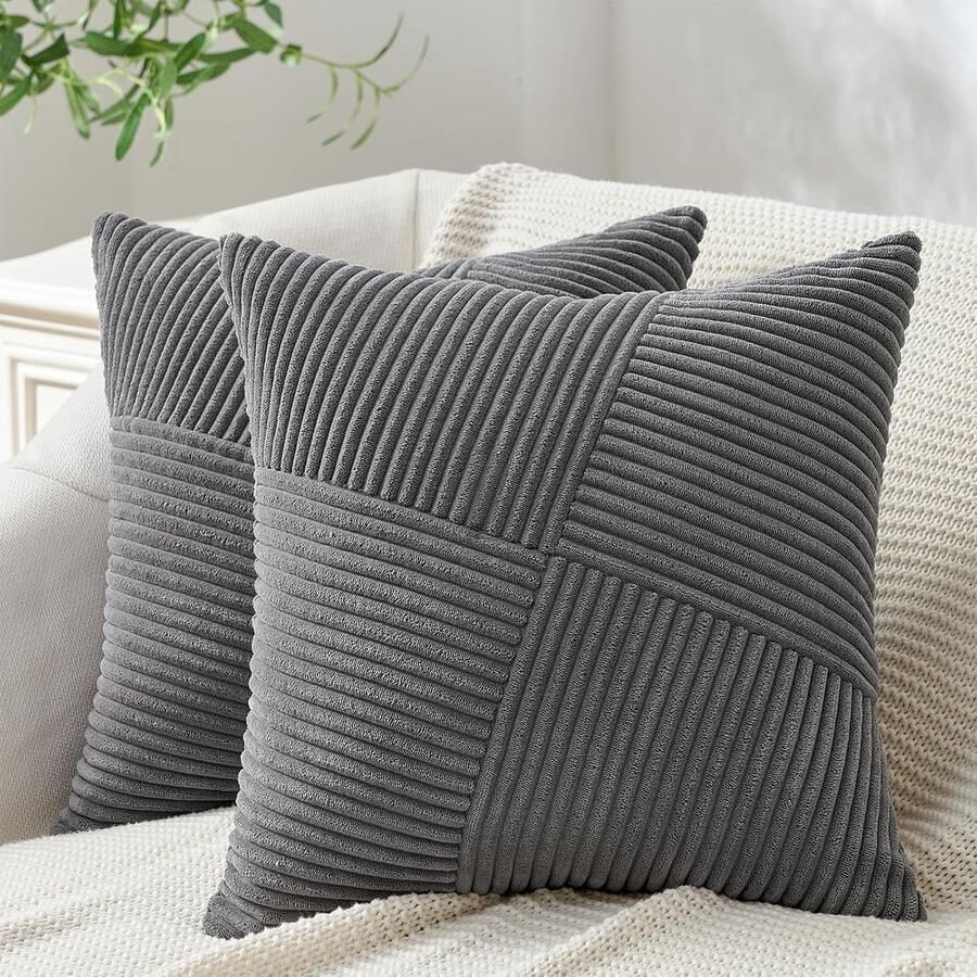 Cushion Cover 60x60 Dark Grey Cord Satin 2er Set Windmill Stripes Pattern Large Decorative Cushion Covers voor Sofa en Bed Patchwork Design Decor voor Woonkamer en Slaapkamer