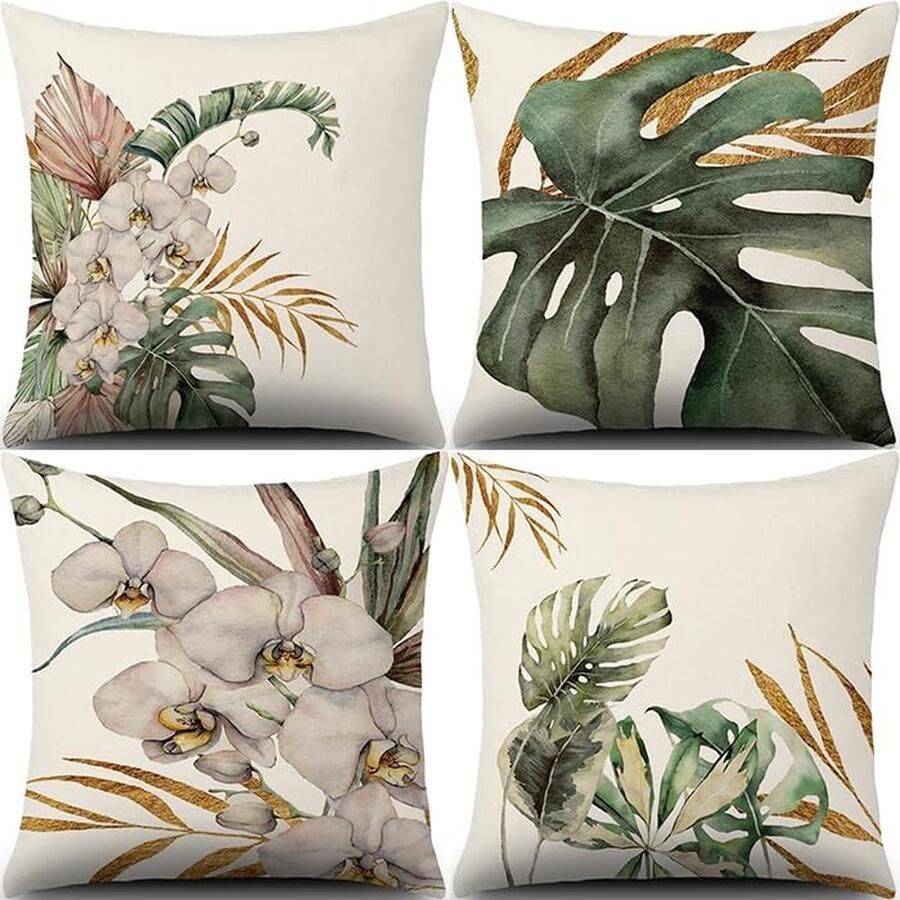 Cushionhoes 40 x 40 cm Linnen Wit Bloem Groene Tropische Plant Bladeren Schildpad Blad Kussenhoes Decoratief Gooi Kussen voor Bank Slaapkamer Woonkamer Auto Huisdecoratie Set van 4