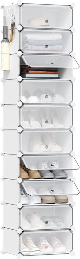 CYRO Schoenenkast met deuren Schoenenbank Schoenen kast wit Opbergkast Transparant 10 stapelbaar gecombineerd Opbergkast 20 paar 40x30x170cm Wit