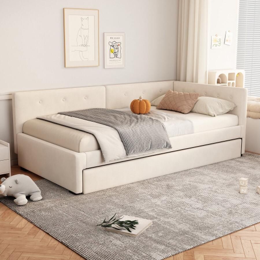Dagbed 90x200cm dagbed met onderschuifbed slaapbank eenpersoonsbed (zonder matras) minimalistische styling beige