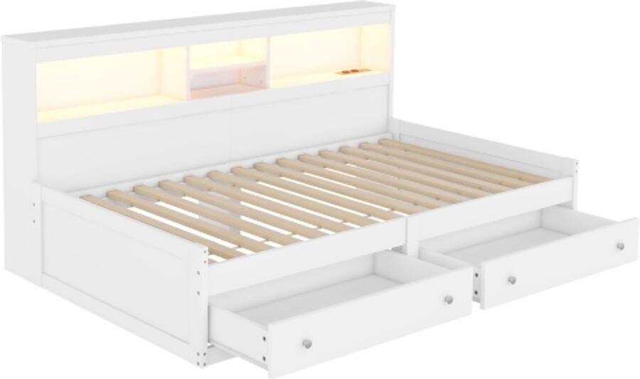Dagbed 90x200cm slaapbank bed met 2 USB- en 2 oplaadpoorten sfeerverlichting bed met twee lades bed met lattenbodem (zonder matras) spaanplaat wit