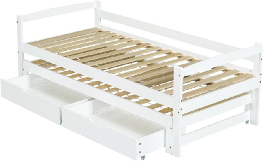 Dagbed 90x200cm 90x190cm eenpersoonsbed en tweepersoonsbed uitschuifbaar bed met wielen eronder met 2 lades wit
