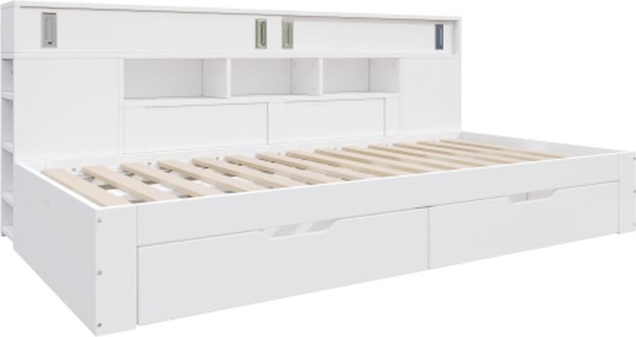 Dagbed kinderbed slaapbank 90x200cm eenpersoonsbed multifunctioneel kinderbed met lades boekenplank en opbergkast bedstee met opbergruimte zonder matras wit