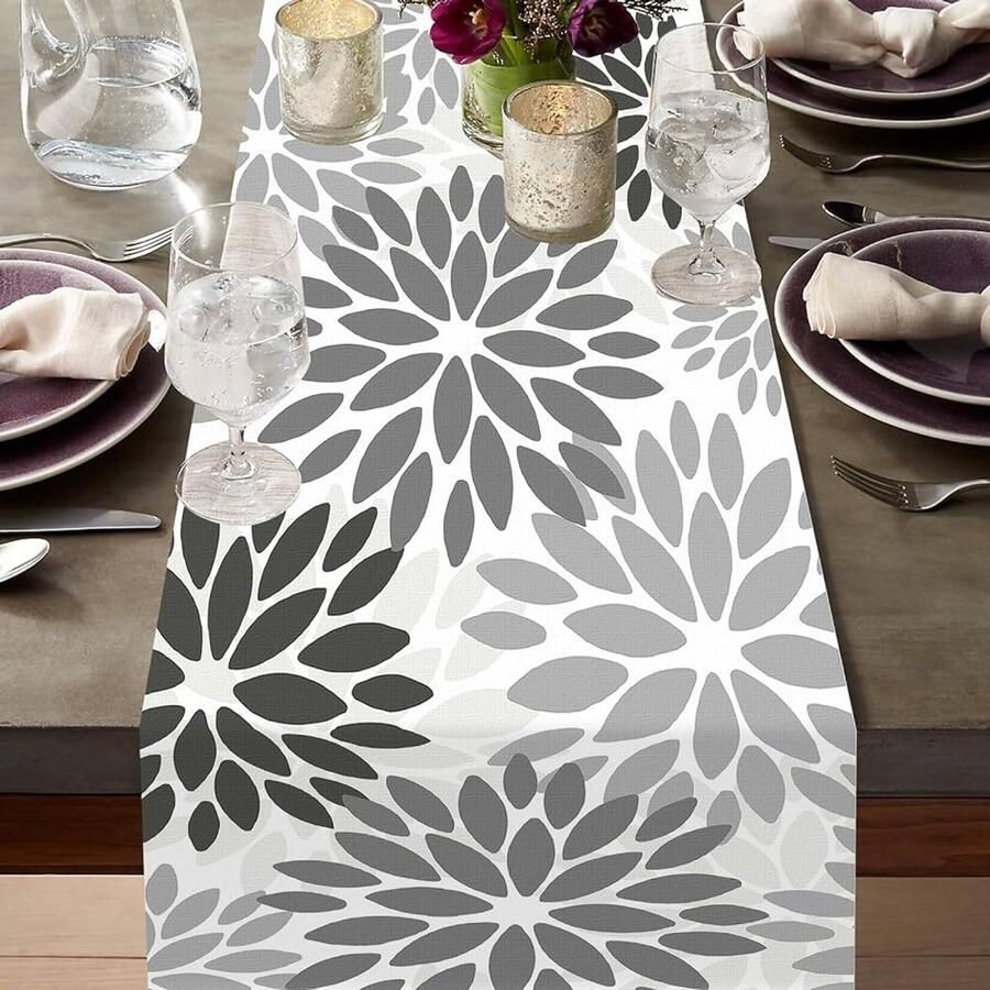 Dahlia Pinnata Bloem Tafelloper Linnen Geometrisch Patroon 1 stuk 40 x 175 cm