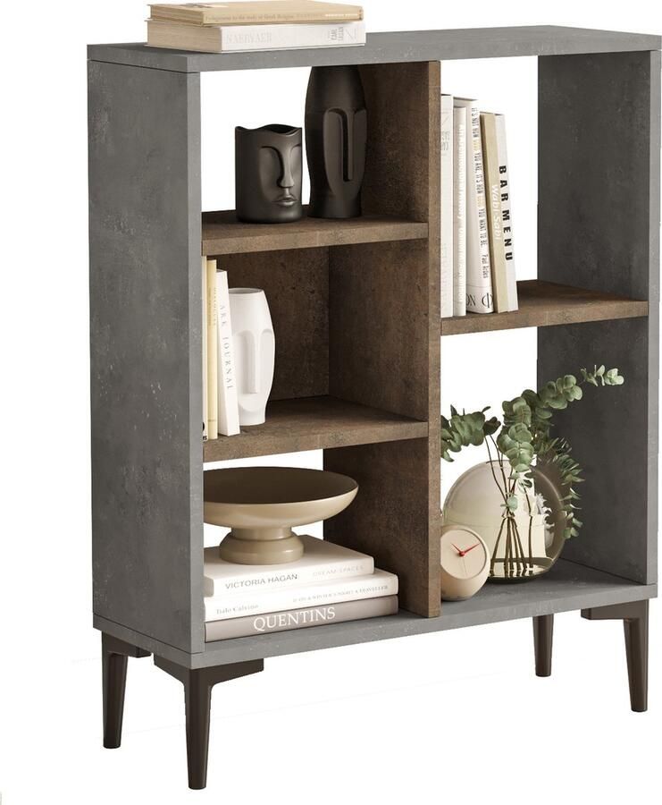 DAILY TRENDS Boekenkast Vakkenkast met open vakken Boekenrek industrieel Woonkamer en kantoor 69x25x87 6cm Beton en Bronze Zwart metalen poten