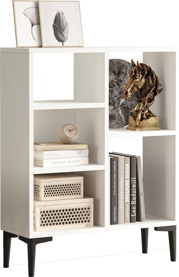 DAILY TRENDS Boekenkast Vakkenkast met open vakken Boekenrek industrieel Woonkamer en kantoor 69x25x87 6cm Wit Zwart metalen poten