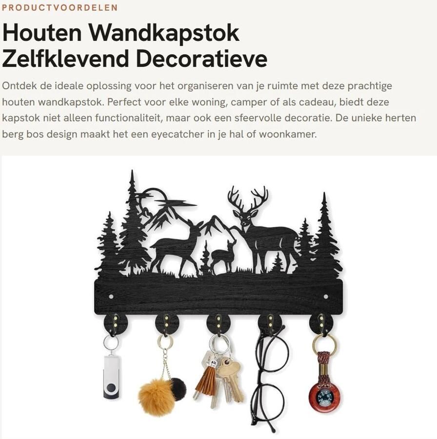 Deer Mountain Forest Kapstok Haken Wandgemonteerd 30x20cm Zelfklevend Houten Bosdier Sleutelhanger voor Muur 5 Legering Haken Zwart Wanddecoratie voor Entree Woonkamer Motorhome Cadeau - Foto 2