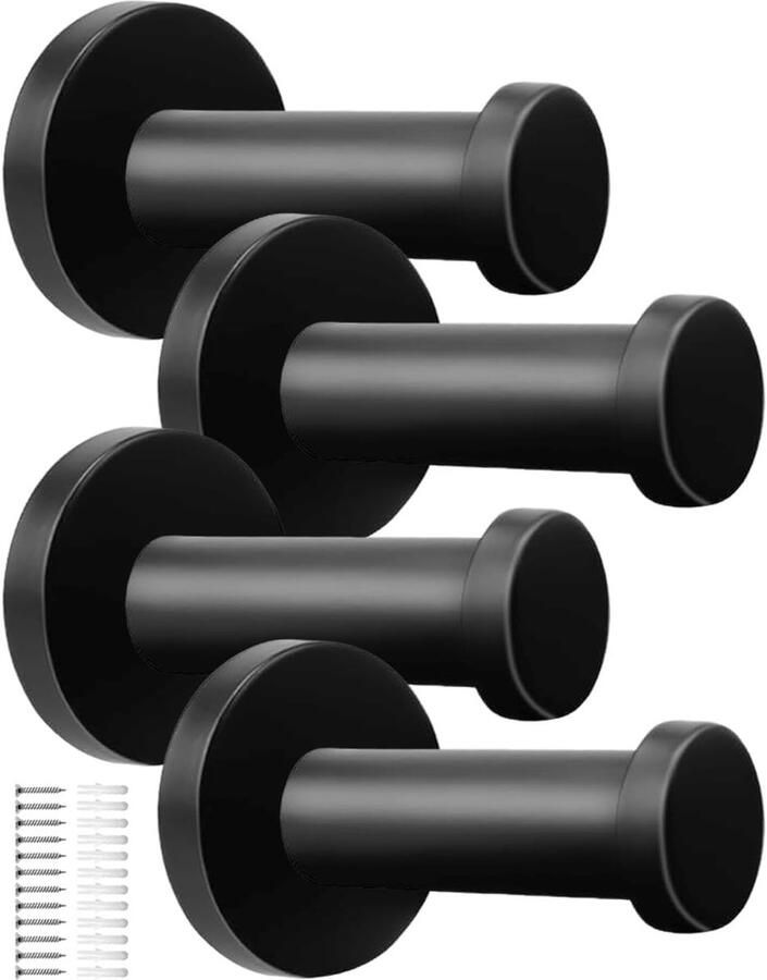 Dailygoods- Kapstokhaken 4 Stuks Zwarte Matte Haken Roestvrij Stalen Wandhaken Sterke Ladingscapaciteit Inclusief Schroeven Expansieslangen
