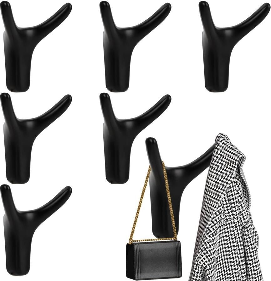 DAIRYCOF 6-pack kapstokken Zwarte zinklegering kapstokken Akoestische panelen Dubbele wandhaken Zwarte kapstokken Wandhaken Garderobekast voor badkamers Keukens Foyers en gangen