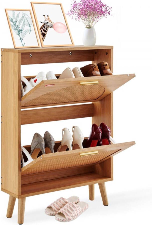 Senza Marchio smalle schoenenkast schoenenrek houtkleur 600 x 168 x 877 mm schoenenkantelaar met 2 kleppen + opbergvak bovenaan schoenenkist 36 28 kg draagvermogen massief houten schoenenopbergkast voor in de gang