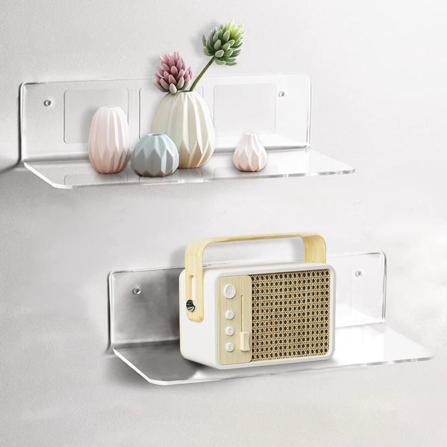 Dantolo 2-pack wandplank zwevende wandplank zonder boren transparant eenvoudig uit te breiden acryl plank met kabelklemmen voor slaapkamer woonkamer badkamer keuken kantoor