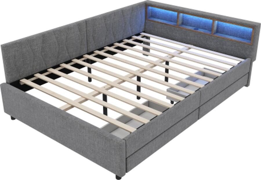 Daybed 140x200cm Daybed Slaapbank Opbergvak aan het bed USB+Type C Afstandsbediening voor LED-sfeerverlichting Bed met twee lades Bed met lattenbodem (zonder matras) Linnen Grijs