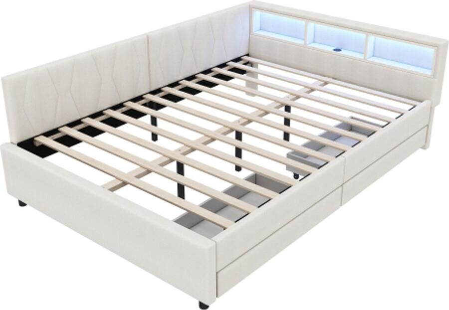 Daybed 140x200cm Daybed Slaapbank Opbergvak aan het bed USB+Type C Afstandsbediening voor LED-sfeerverlichting Bed met twee lades Bed met lattenbodem (zonder matras) Linnen beige