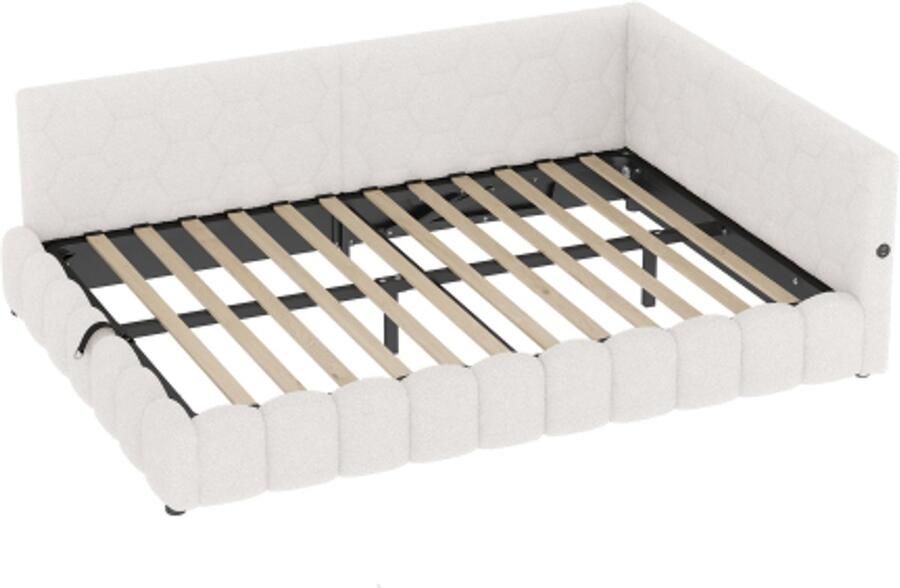 Daybed 140x200cm slaapbank bed met lattenbodem (zonder matras) met LED-lichtstrip met hydraulisch hefmechanisme USB-aansluiting Type-C imitatie fleece wit
